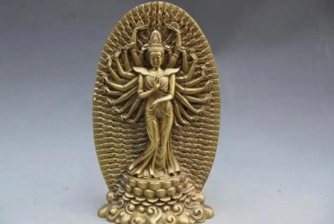 Tibet refined craftwork Pure Brass 1000 Arm Hand Kwan-Yin Avalokitesvara Statue