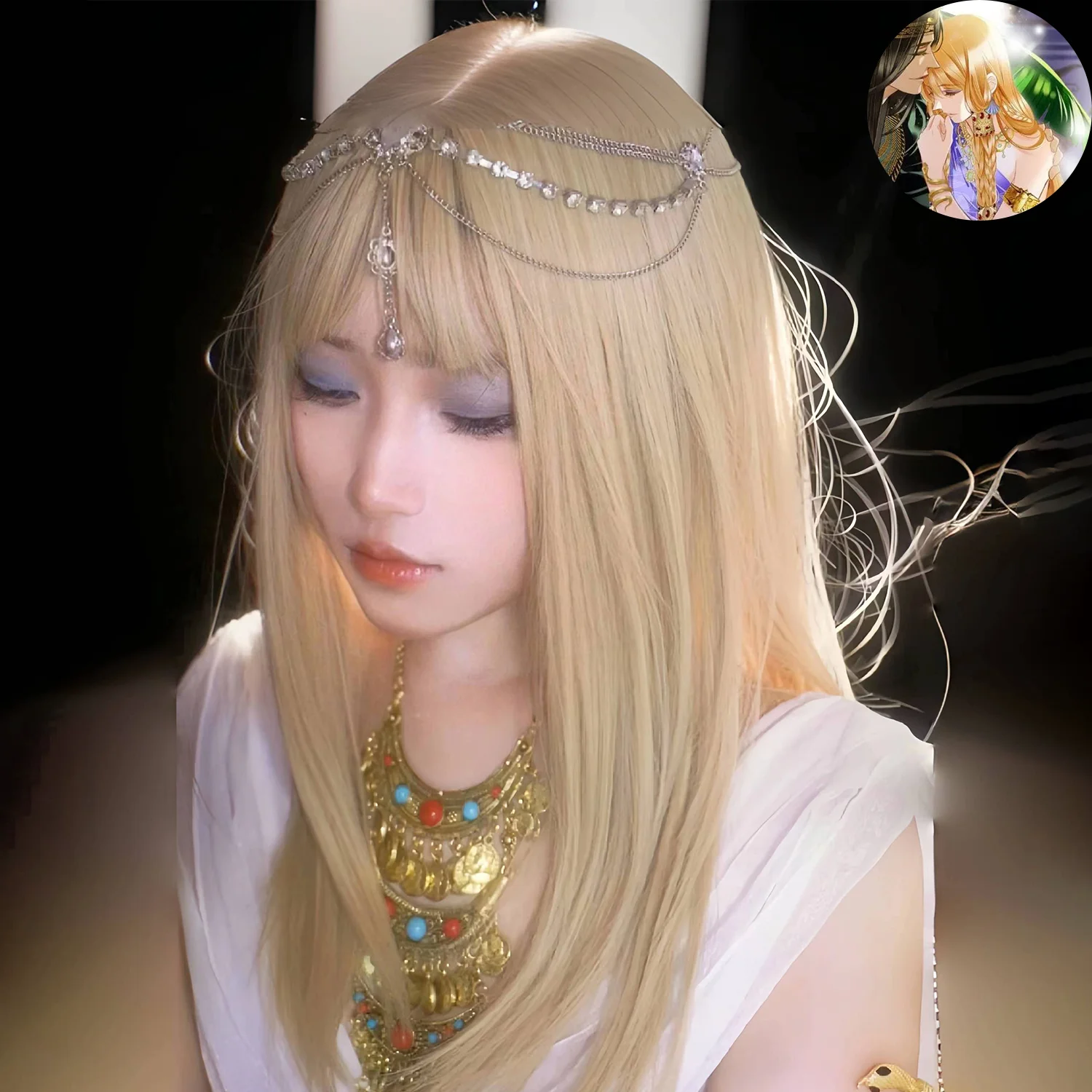 Peluca Cos de concubina del faraón "Aivees and the Song of the Sea", flequillo de aire largo y recto blanco lechoso