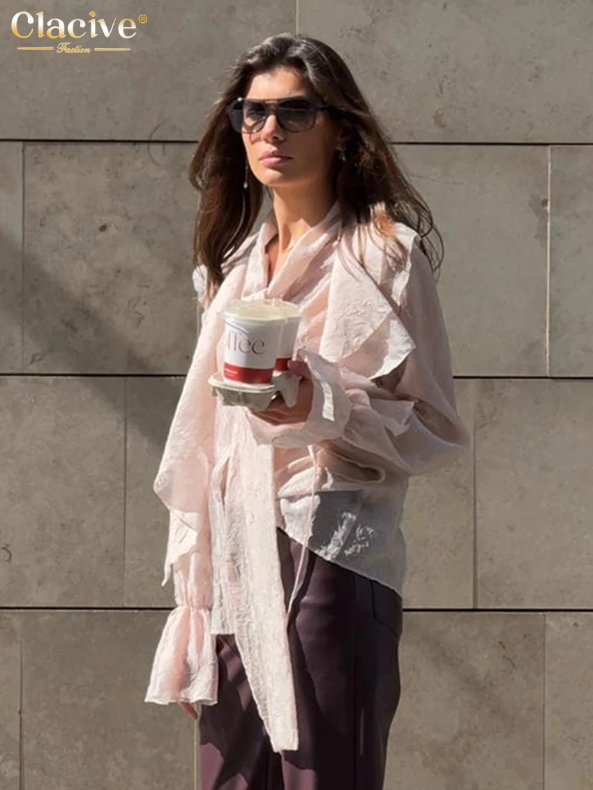 Clacive Casual Loose Pink Women's Shirt 2025 Fashion Lapel Long Sleeve Blouse Elegant Classic Ruffle Lace-Up Top Female Clothing