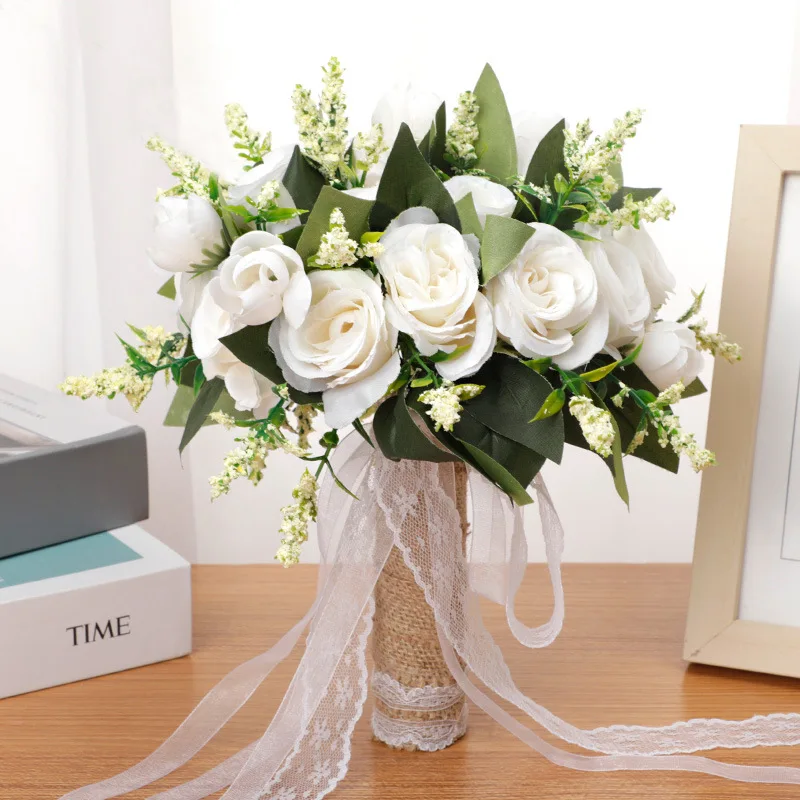 Champagne Artificial Flowers Home Wedding Christmas Decor Bedroom Centerpiece Table Arrange Bride Holding Fake Wedding Bouquet