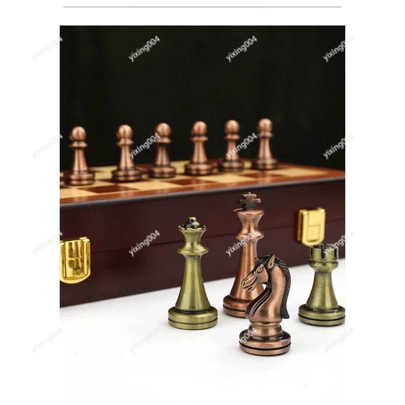 Vintage Chess Game Set, Metal Chessmen Wooden Board Luxury Gift Box Desktop Ornament