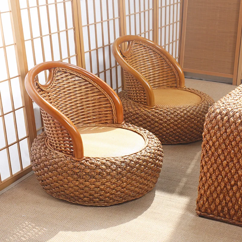 Rattan Backrest Chair Compact Low Tatami Seat for Balcony Japanese Style Lounge Chair Stylish Coffee