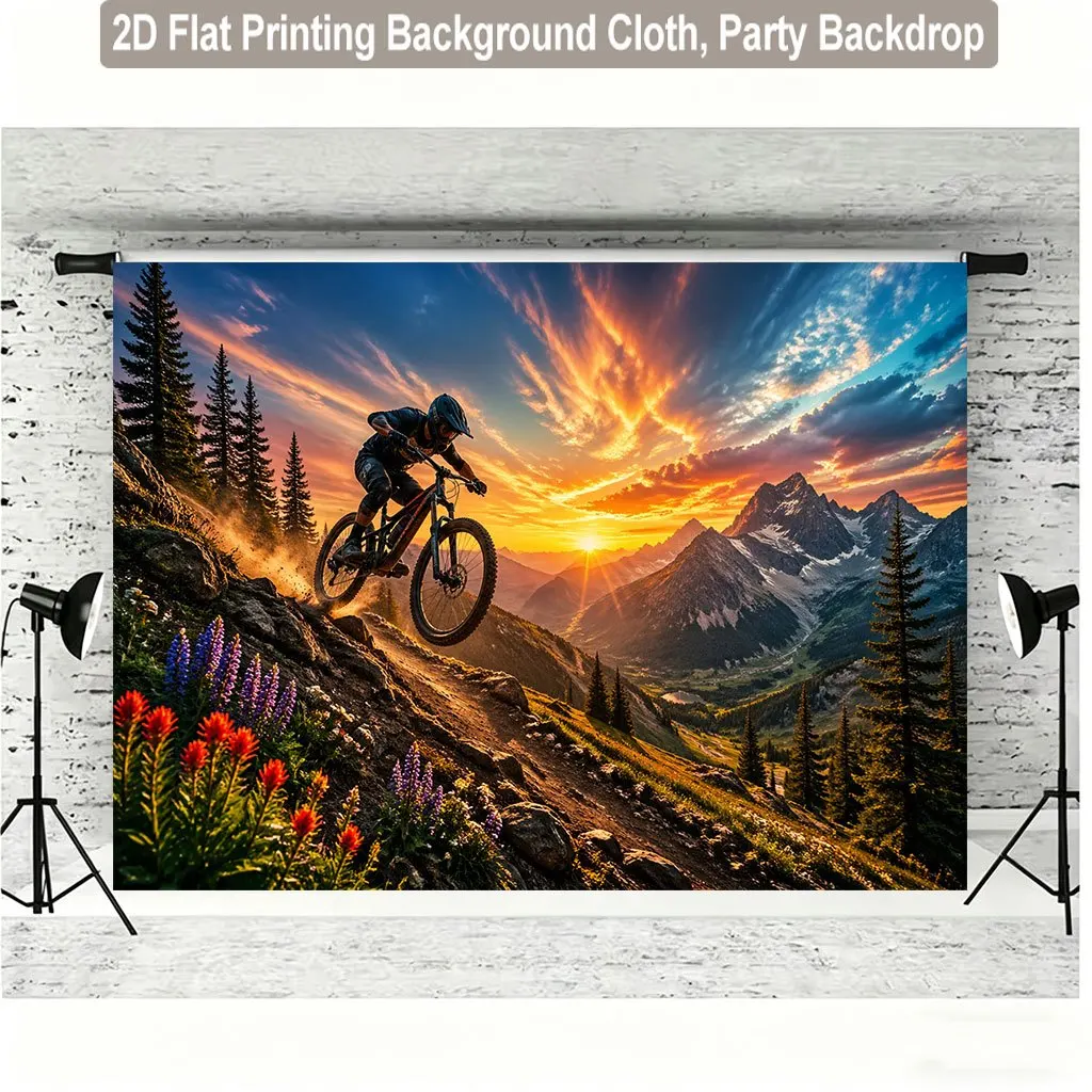 Mountain Biking Mural Adventure Tapestry Digital Art for Wall Decor Outdoor Nature Sunset Cycling Sport Poster Canvas Fabric Wal