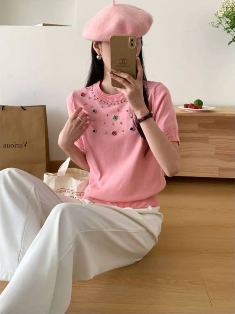 2024 Summer Korean Fashion Round Neck Short Sleeve Knitted Sweater For Women Diamond-encrusted Versatile Slim Casual Knitwear