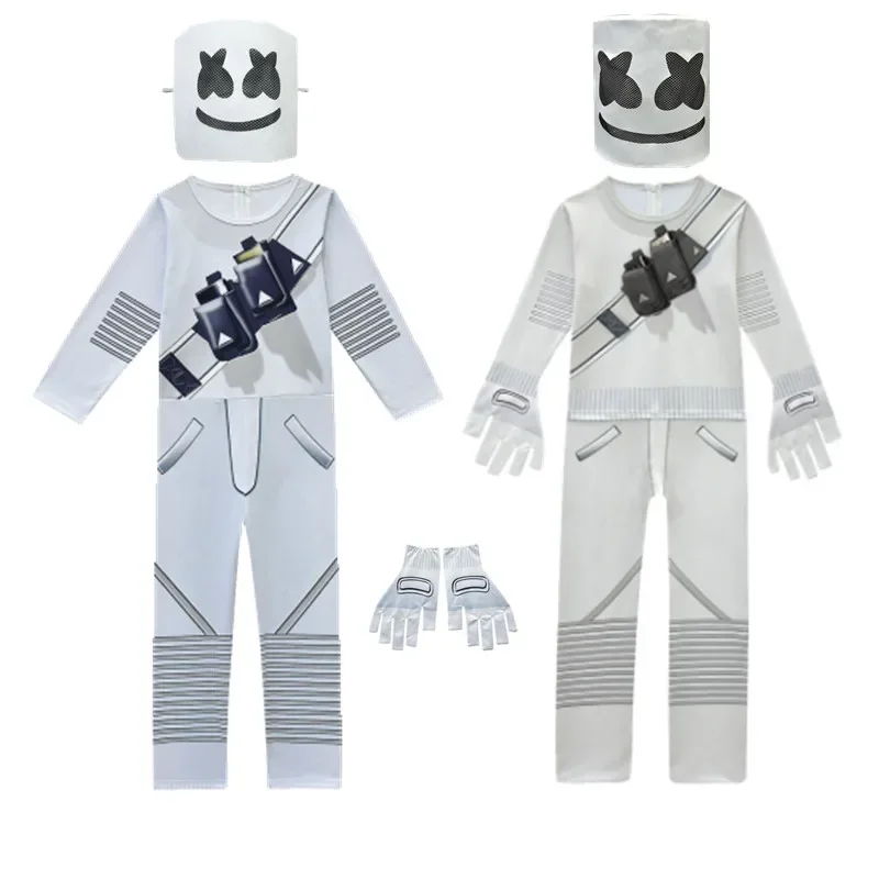 Kids Popular DJ Marshmello Cosplay Halloween Costume with Mask Boys Girls Jumpsuit Carnival Party Electric Syllables Bodysuit