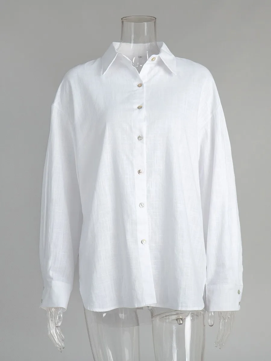 Coton blanc à manches longues Blouse femmes été nouveau col rabattu simple boutonnage Chic Blouses Simple décontracté mode chemise hauts