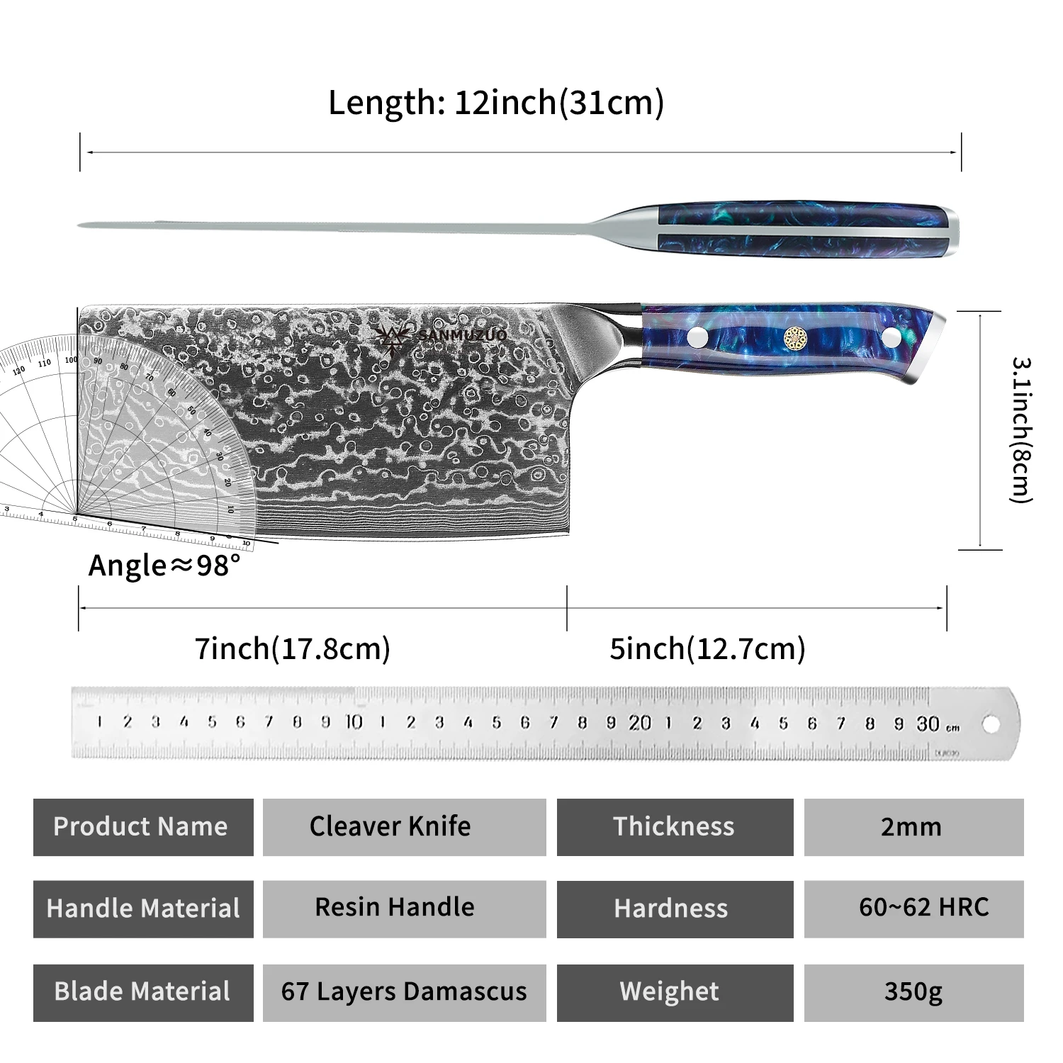 SANMUZUO Chinese Chef Knife - 7" Cleaver Knife- Xuan Series - VG10 Damascus Steel Kitchen Knife - Resin Handle （Blue）