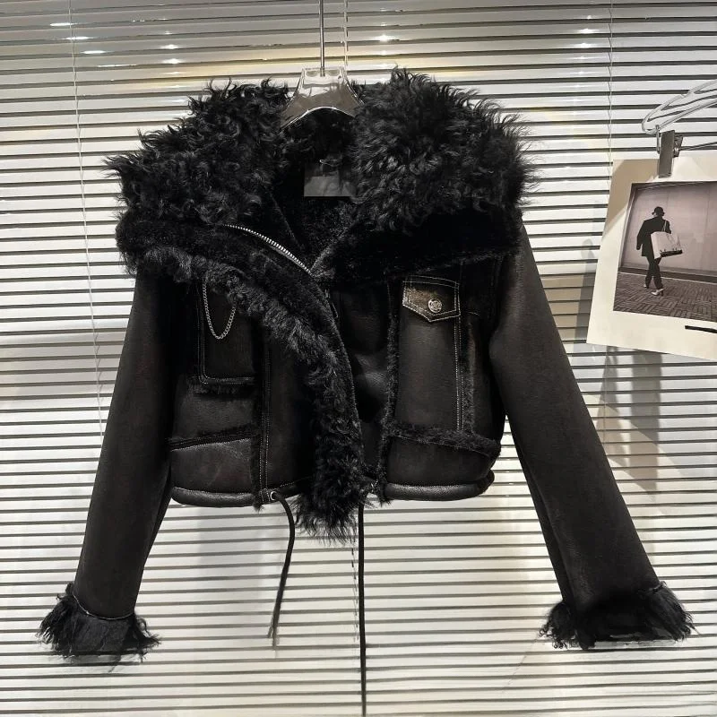 Ciepły płaszcz damski ze sztucznego futra z wełnianym kołnierzem, wykończony, zimowy, nowy, modny, streetwearowy, zapinany na zamek, długi, prosty krój.