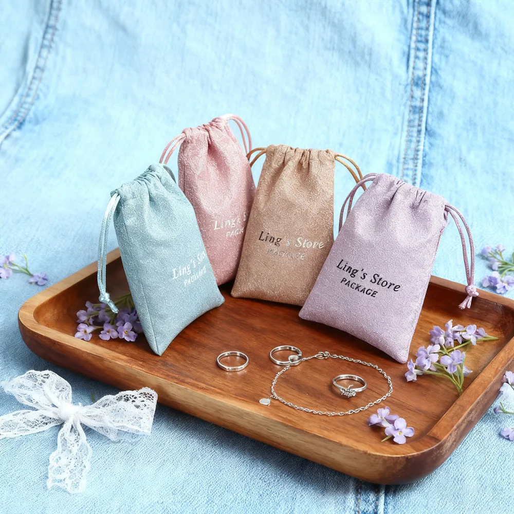 

Sequins Wedding Drawstring Gift Bag Custom Logo Printed Small Jewelry Pouch for Earring Necklace Ring Packing Display Organizer
