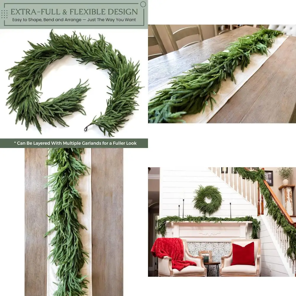 

Realistic 6ft Touch Norfolk Pine Christmas Garland, Soft & Flexible for Mantle, Fireplace, and Stairs