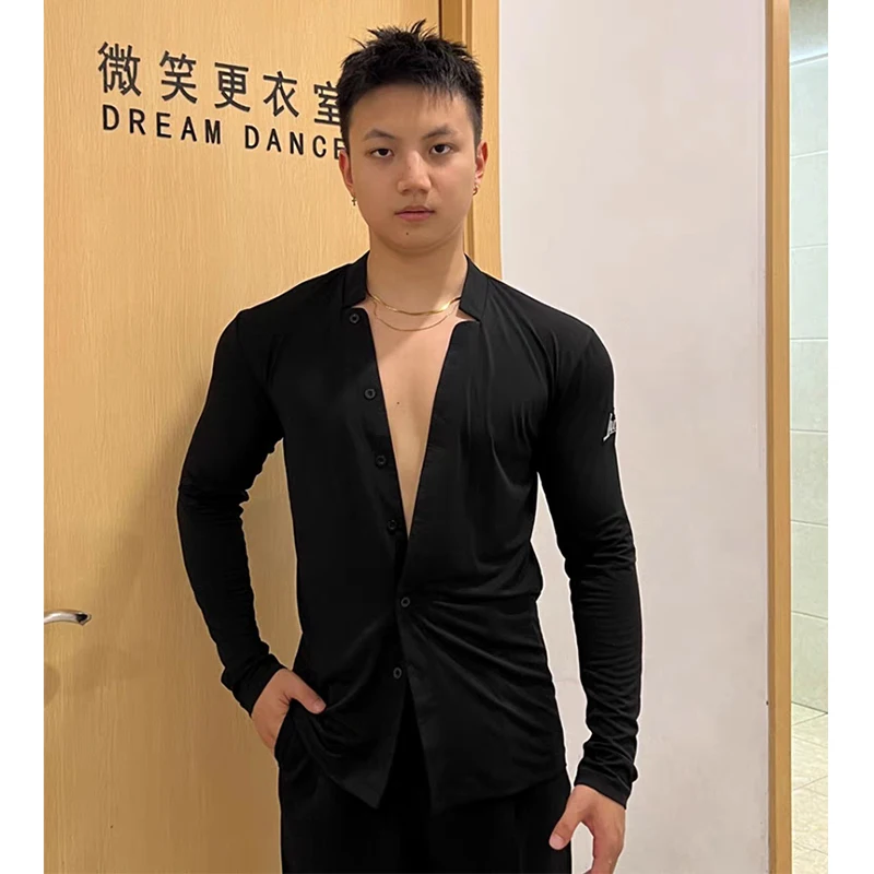Chemises de danse latine pour hommes, manches longues, hauts noirs, col en V, professionnel, Rumba, salle de bal, pratique, vêtements de compétition, nouvelle collection