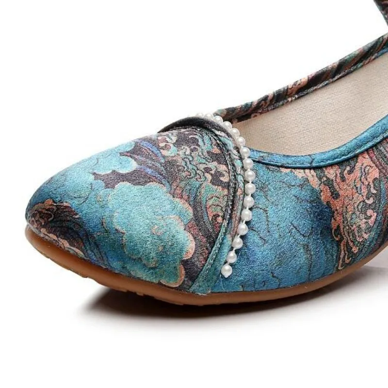 Ladies Embroidered Mid Heel Dress Shoe Ankle Button Strap Mary Jane Pumps for Women Summer Autumn Round Toe Fabric Shoes