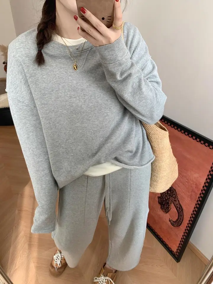 

Свободный свитшот с длинным рукавом и круглым вырезом для женщин, повседневный, весенний, новинка, в корейском стиле, ленивый крой, футболка