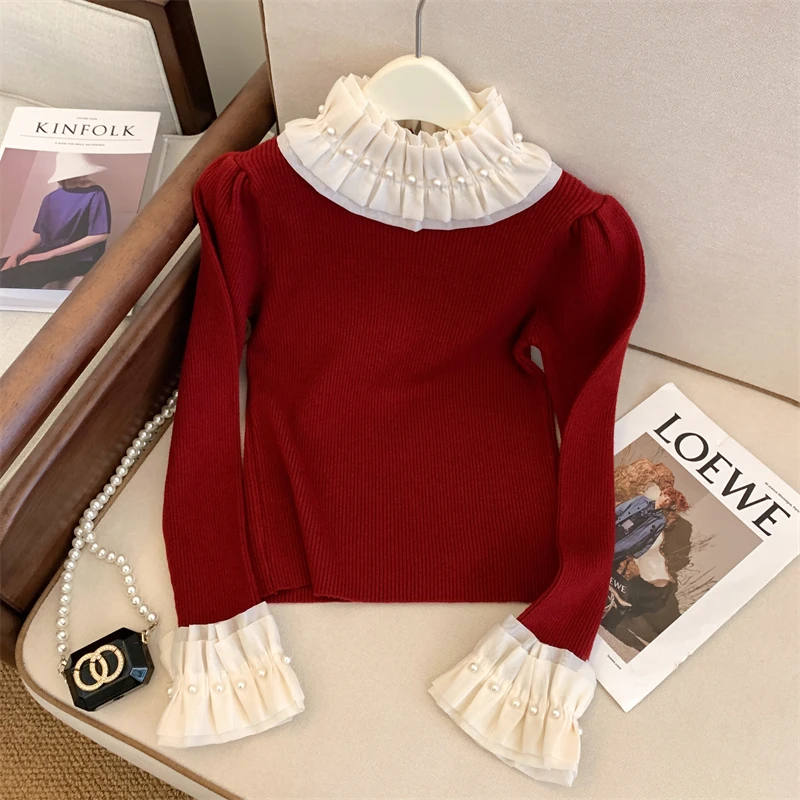 French Sweet Girl Autumn Winter Pearls Beaded Knitted Sweater Tops Fashion Women Ruffled Collar Flare Sleeve Knitwear Pullovers