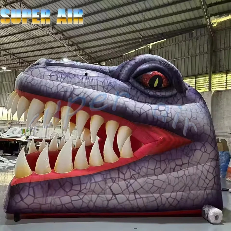 ตกแต่งสวนสนุกกลางแจ้งแบบกำหนดเอง เต็นท์อุโมงค์เป่าลมขนาดใหญ่ 4x4 เมตร หัวไดโนเสาร์เป่าลม