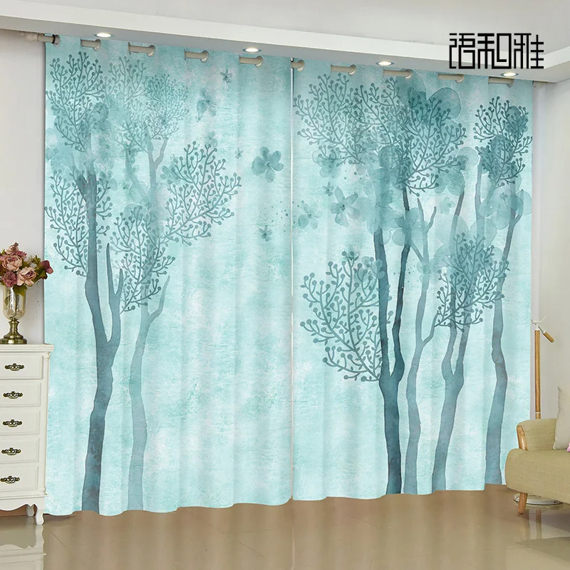 2Panel Custom Chinese Curtain Ink Landscape Peach Pine Print Curtain Living Room Bedroom Kitchen Blinds Transparent Curtain