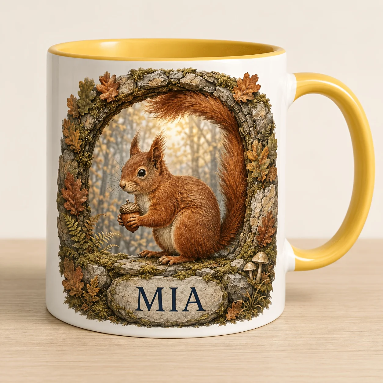 Custom Personalized Mug Red Squirrel Acorn Forest Coffee Cup Engraved Text Gift for Squirrel Lover Home Office