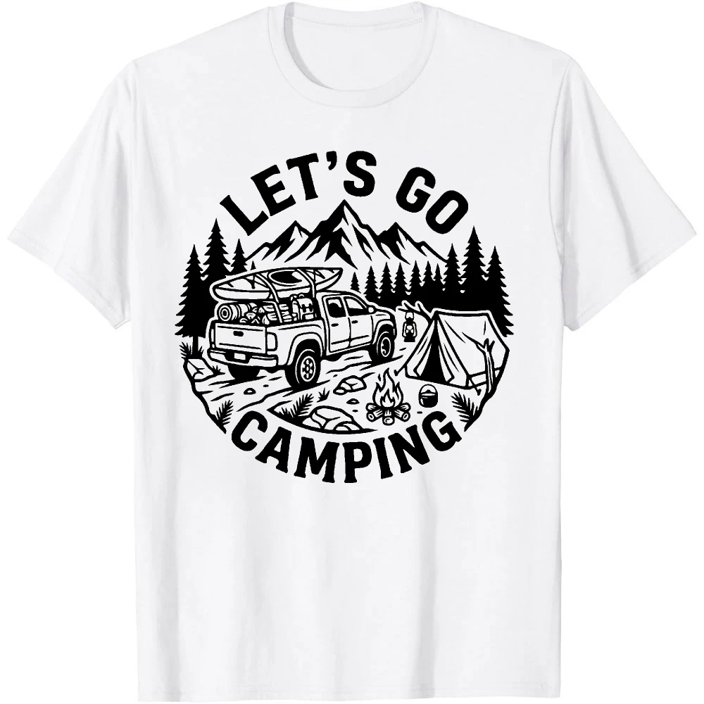 Let's Go Camping Pickup Truck Mountain Tent Graphic Men Summer T Shirt Wilderness Adventure Black Line Short Sleeve Top