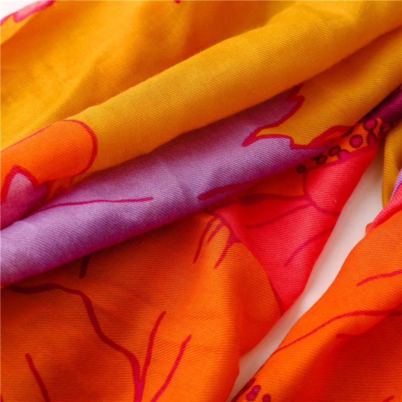 New Soft Cotton and Linen Feel Scarf Spring Summer Retro Bright Orange Flower Silk Scarf Sun Protection Cape Bib Decoration