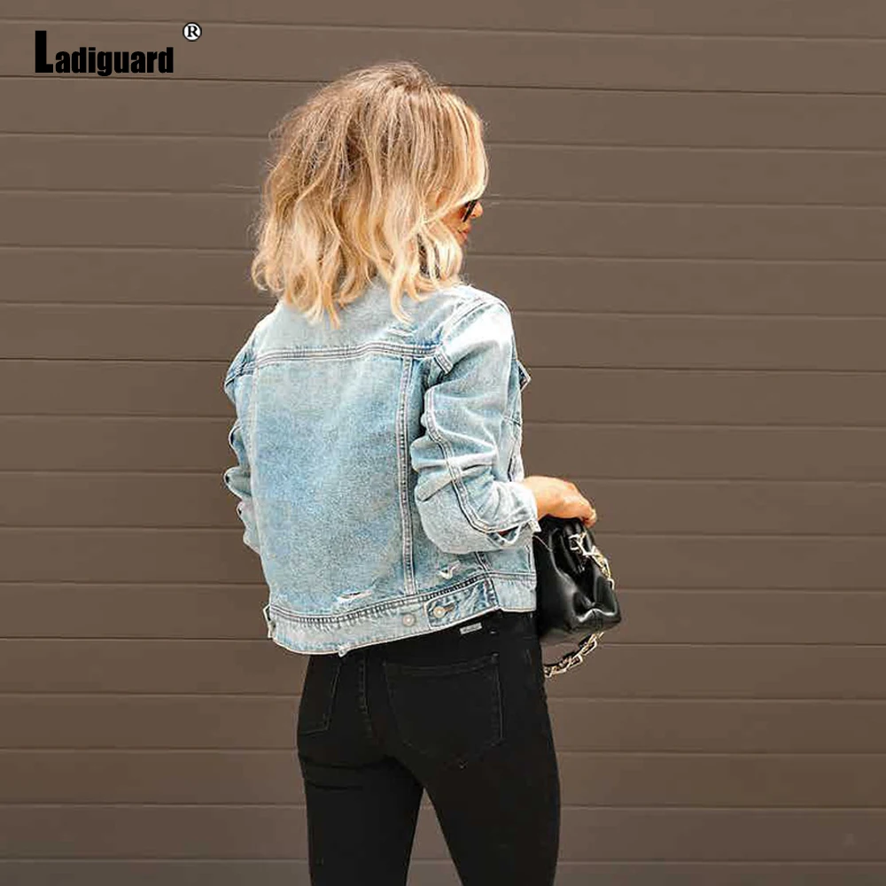 Ladiguard New Skinny Pocket Denim Jacket for Women Vintage Jeans Top Outwear Girls Streetwear 2023 Single Breasted Demin Jackets