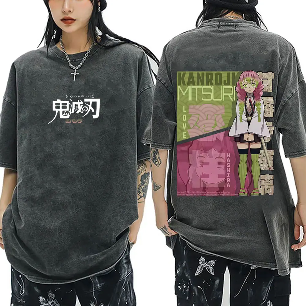 

Washed Vintage Anime Demon Slayer Love Hashira Kanroji Mitsuri Graphic T-shirt Men Women Fashion Cartoon High Quality T Shirts