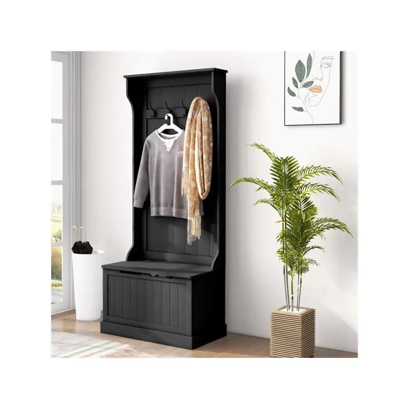 Hall Tree Storage Rack with Bench and Hooks for Entryway Organization