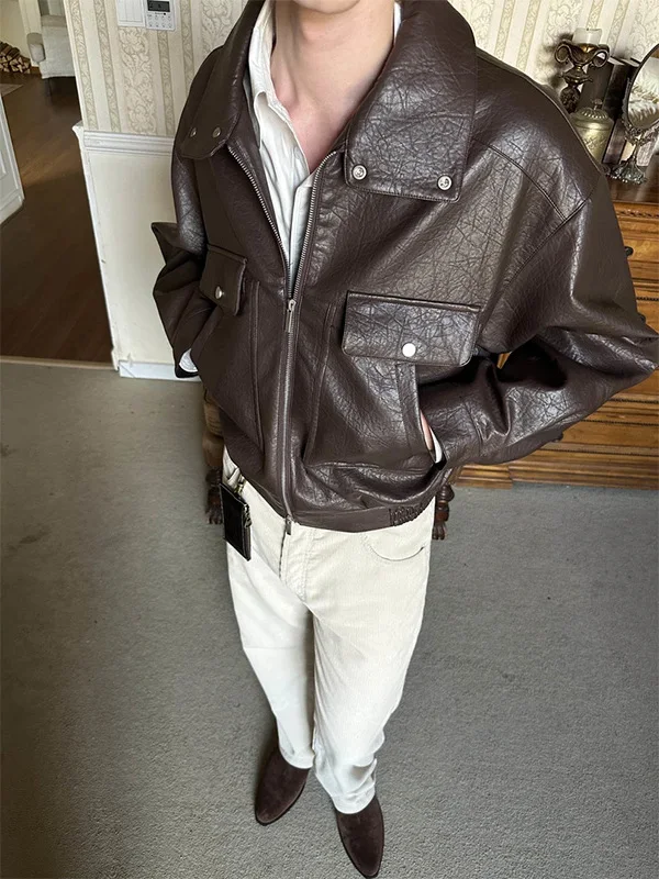 

Куртка из искусственной кожи для мужчин с текстурой личи, отложным воротником, в стиле ретро, повседневная верхняя одежда, молодежная, модная и долговечная