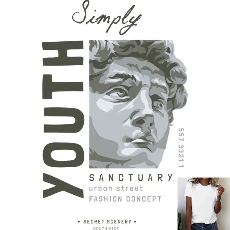 Vintage Statue & Letter Print Heat - Transfer White Ink Iron - on Patch, Trendy Urban Street Style, Suitable for T - shirts,