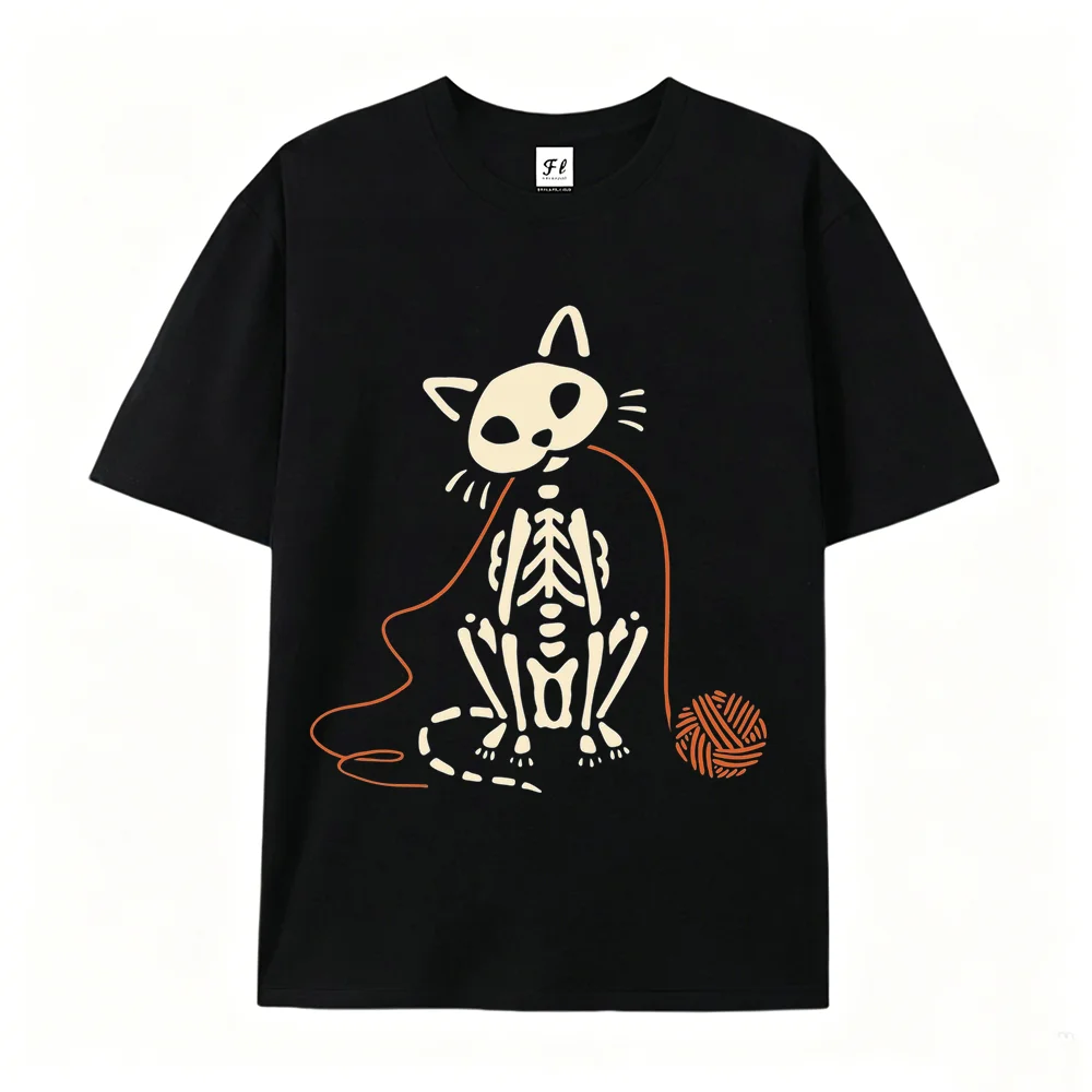 Halloween Skeleton Cat Yarn Ball Print T-shirt Women Gothic Casual Short Sleeve Round Neck Oversized Tee Cat Mom Gift Top