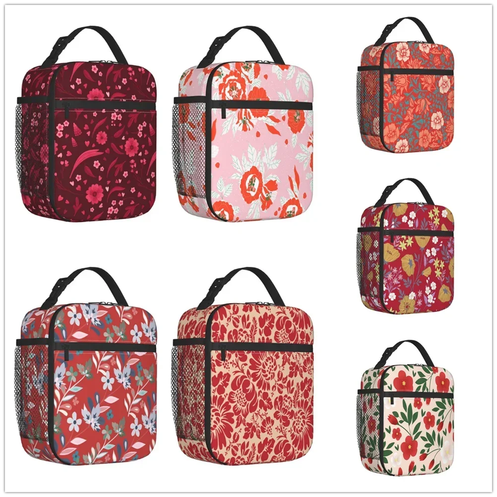 Red Floral Pattern Insulated Thermal Bag Lunch bag Foods Drink Storage Leakproof Picnic Camping Bags Outdoor Box beach