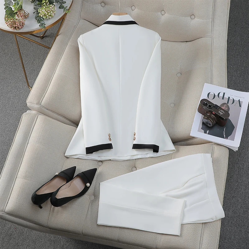 ZJYT Office Lady Hit Block Blazer Pants set per le donne 2 pezzi abiti da donna autunno elegante Office Lady White Outfit pantaloni