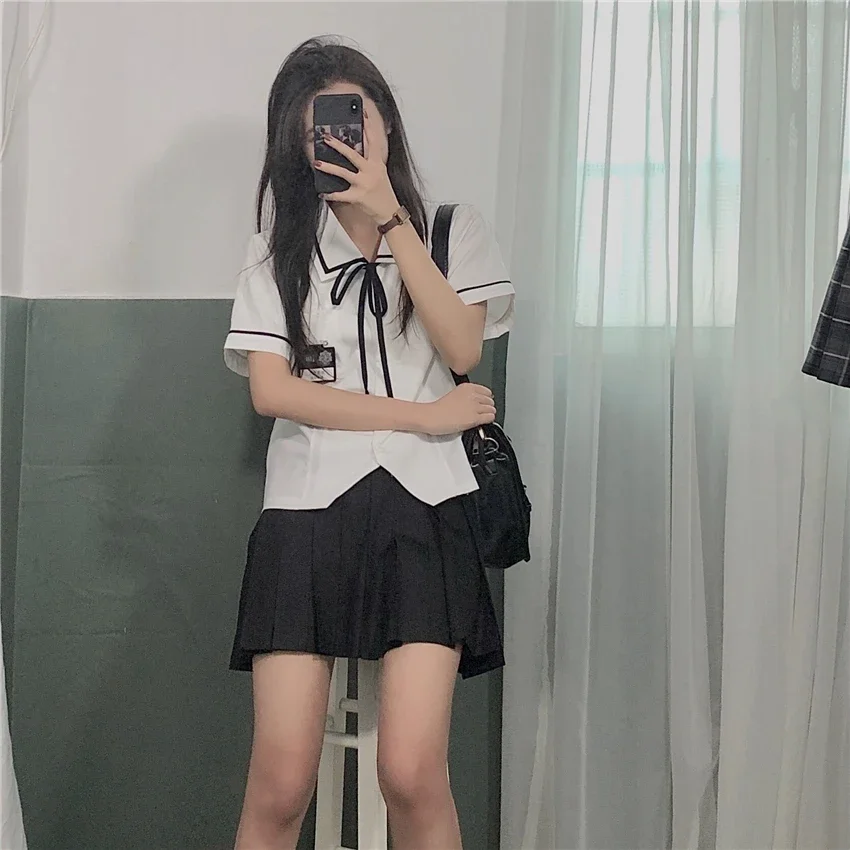 Traje de 2 piezas JK para mujer, uniforme de colegiala de Anime, elegante camisa de manga corta, Falda corta plisada de cintura alta, moda japonesa, 2022