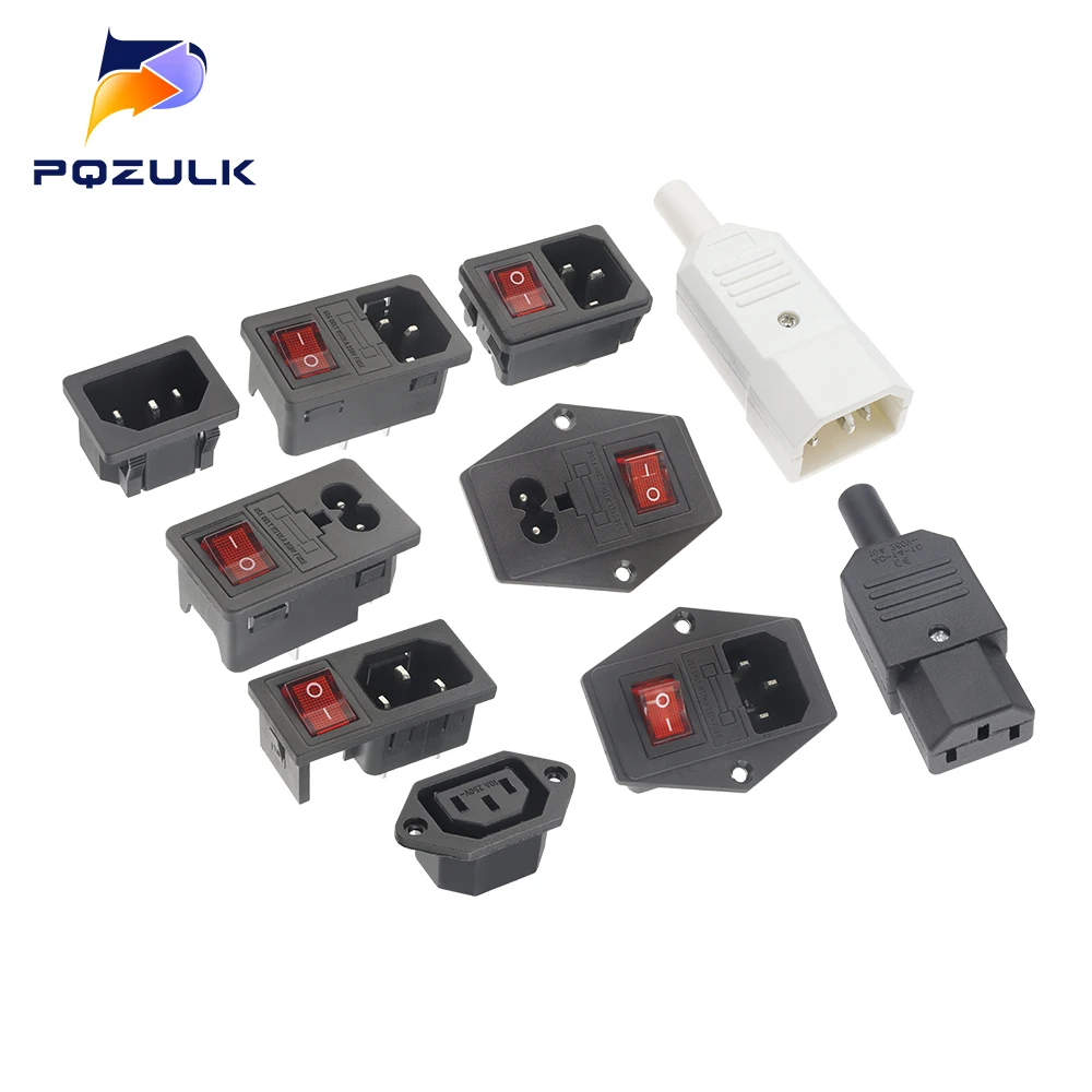 3 Pin IEC320 C14 C15 Electrical Socket LED 250V Rocker Switch Brass 10A Fuse Female Male Inlet Plug Pin Connector Computer Mount