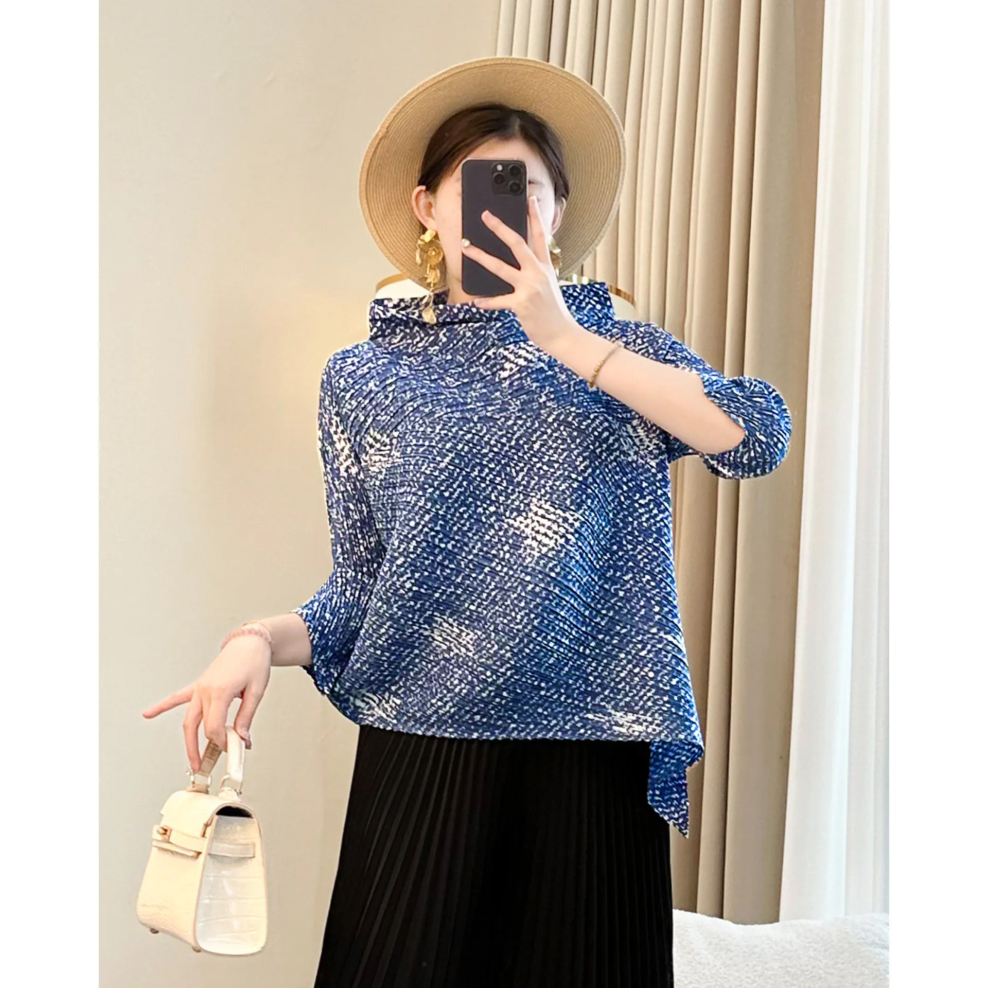 

Miyake Women's Printed Pleated T Shirt 2025 Summer New Fashion Casual Versatile Design Sense Stand Collar Loose Chic Blue Loose