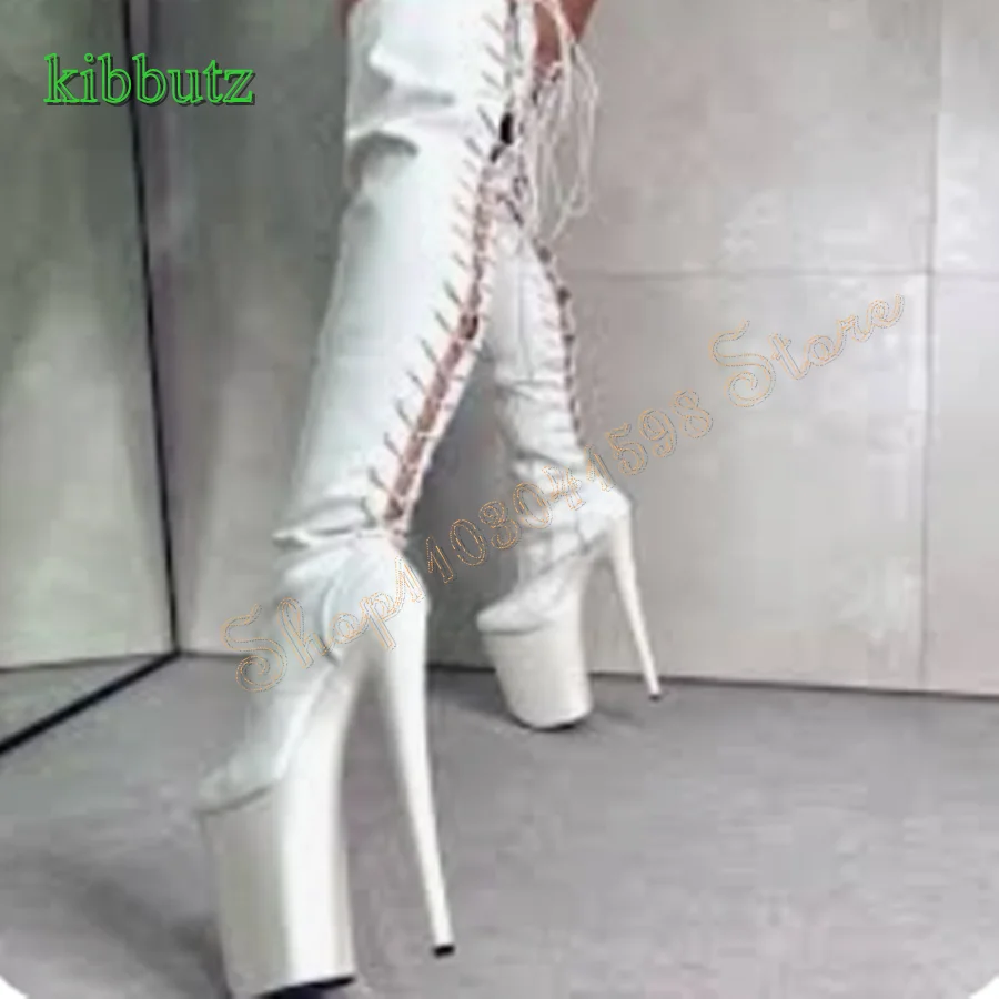 

White Tight Patent Leather Over The Knee Boots Thick Sole Cone Heel Women Boots Zipper Strap Boots 2024 New Zapatos Para Mujere