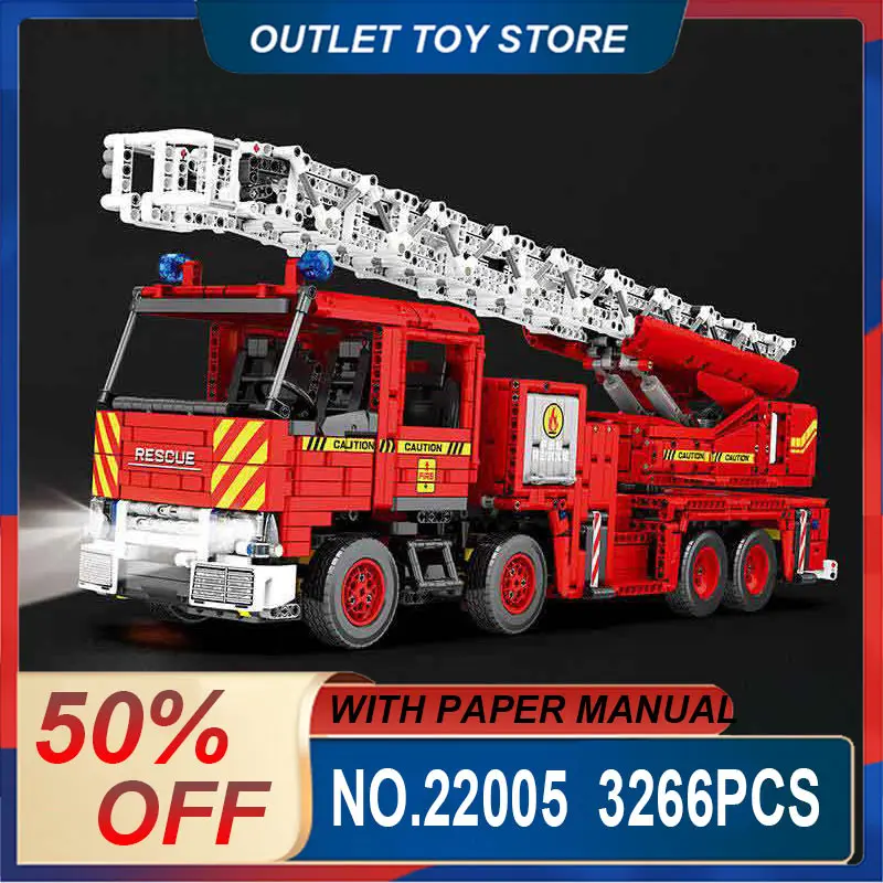 Reobrix 22005 Electric RC Fire Ladder Truck Building Blocks Bricks, Small Particle Engineering Model, Ideal Gift for Brick Fans