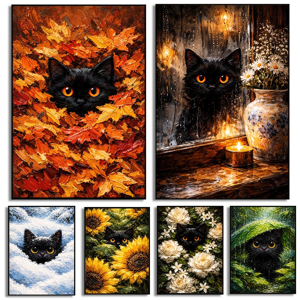 1pc frameless Black Cat The Fine Art Series Posters Cute Cartoon Animals Prints Canvas Painting Cat Wall Art Pictures Home Room