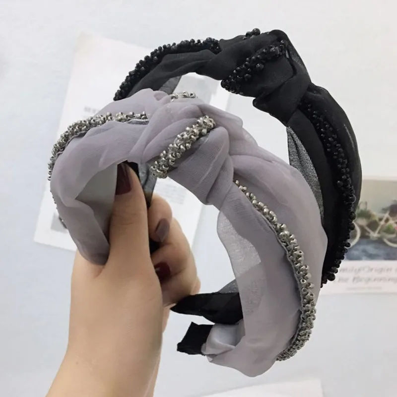 

2 Pieces/Set Korean Mesh Hairband Beads Knot Women Wide Headbands Hairpin Girls Brief Hair Accessories Wholesale