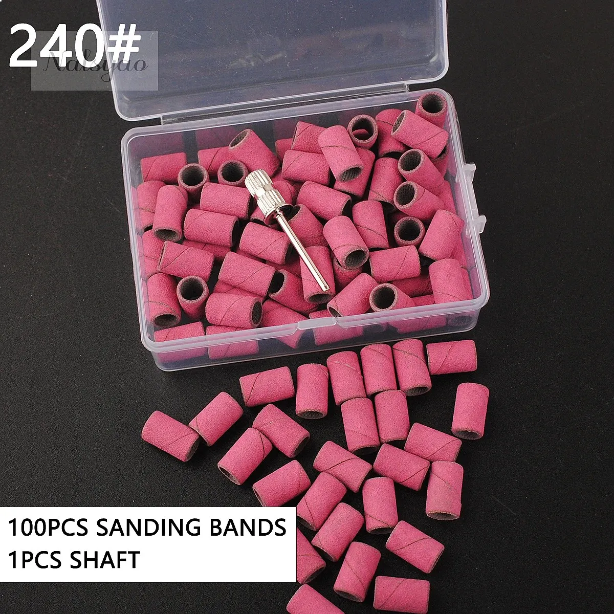 100Pcs Sanding Bands & 1Pcs Metal Shaft Nail Drill Bits Set for Removing Gel Polish, Dead Skin, Calluses Cuticle