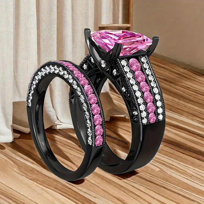 سحر زوجين خواتم الرجال السود خاتم الوردي زركون المرأة خاتم مجموعات عيد الحب هدية الزفاف غرامة مجوهرات