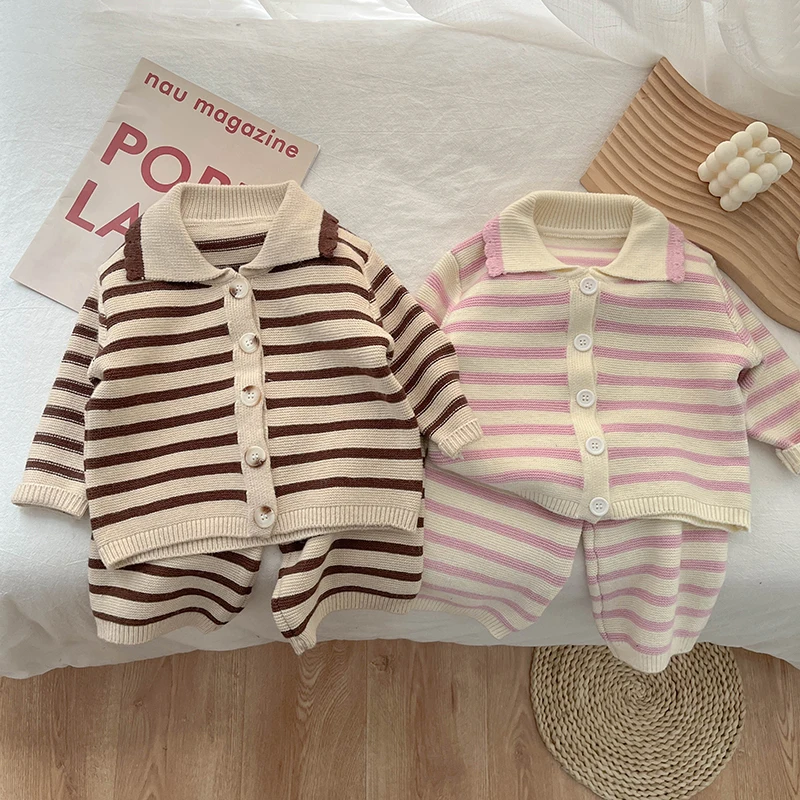 Spring And Autumn Baby Striped Shirt Pants Two Piece Boys And Girls Fashion Knitted Children\'s Leisure Suit Soft Baby Clothes