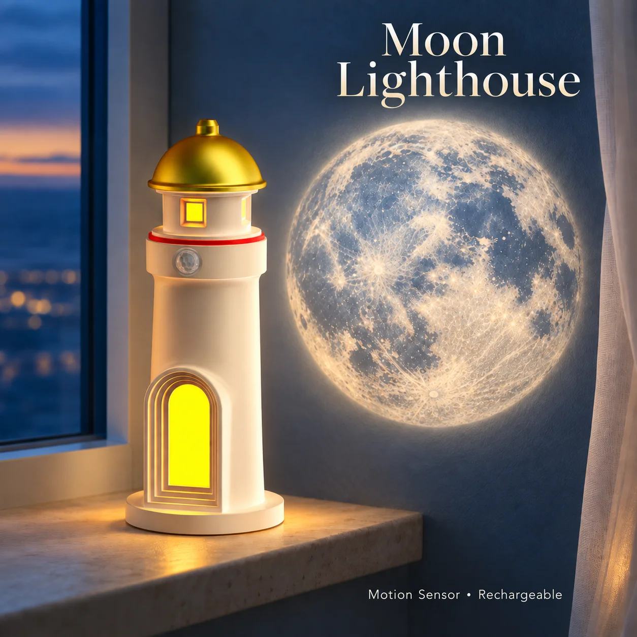 Moon Lighthouse Projector Night Light, Rechargeable & Motion Sensor  LED  Projector Table Lamp for Kids, Bedroom Decor,Festivals