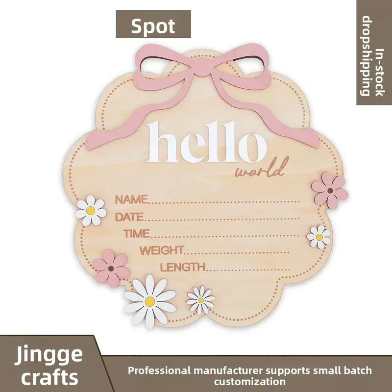 Wooden Baby Announcement Sign with Pink Bow Cloud Shape and Floral DesignNewborn Nursery Indoor Photography Prop