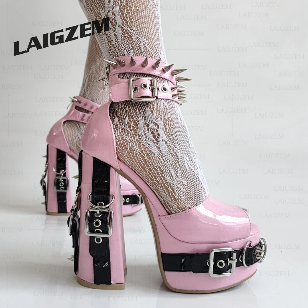 LAIGZEM Women Platform Pumps Studded Chunky High Heels Sandals Back Zipper PUNK Gothic Ladies Shoes Woman Plus Size 39 44 45 52