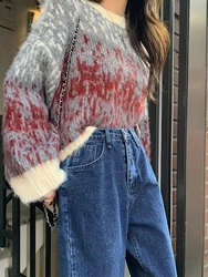 Women Jacquard Fluffy Warm Knit Sweater 2024 Autumn Winter Loose Casual Crop Outfit Women Clothes