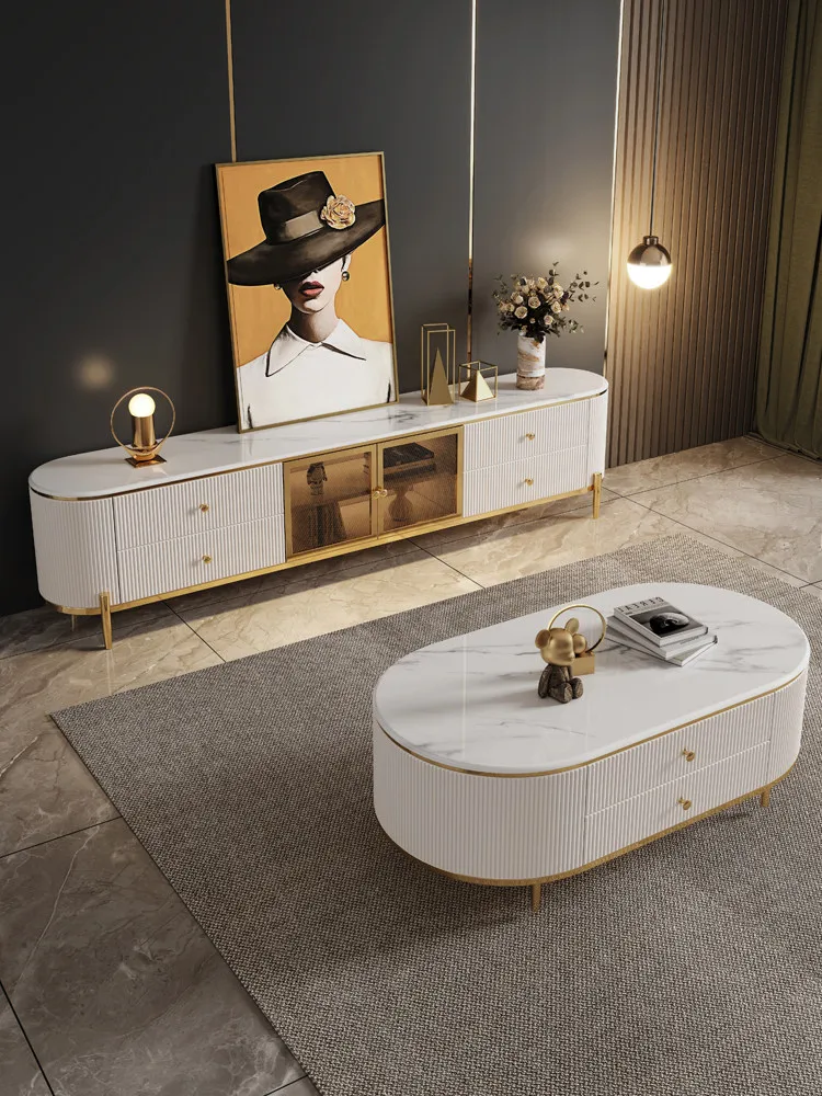 Solid wood coffee table TV cabinet modern simple light luxury living room marble TV cabinet small apartment locker ground cabine