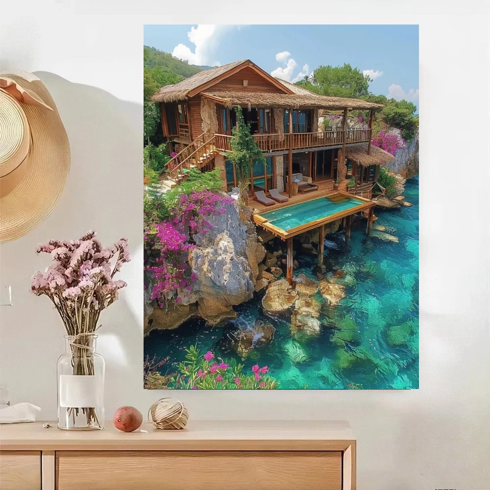 Floral Coastal Landscape Clear Turquoise Sea Diamond Painting By Number DIY Wall Decor for Game Room or Living Room Gift