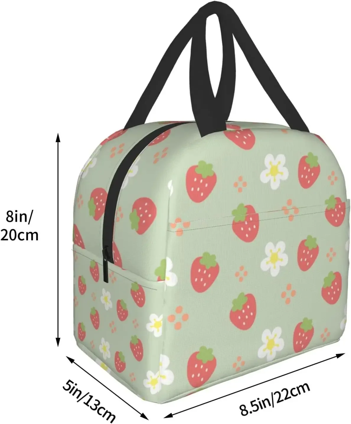 Green Strawberry and Flowers Lunch Bag Small Insulated Lunch Box with Front Pocket Aesthetic Lunch Bags for Girls Boys Freezable