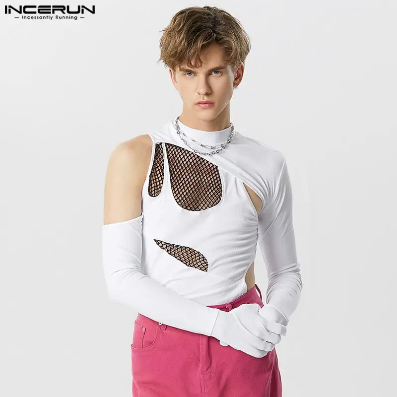 

INCERUN Men Bodysuits Mesh Patchwork Transparent Gloves O-neck Long Sleeve Rompers Men Hollow Out 2023 Irregular Bodysuit S-3XL