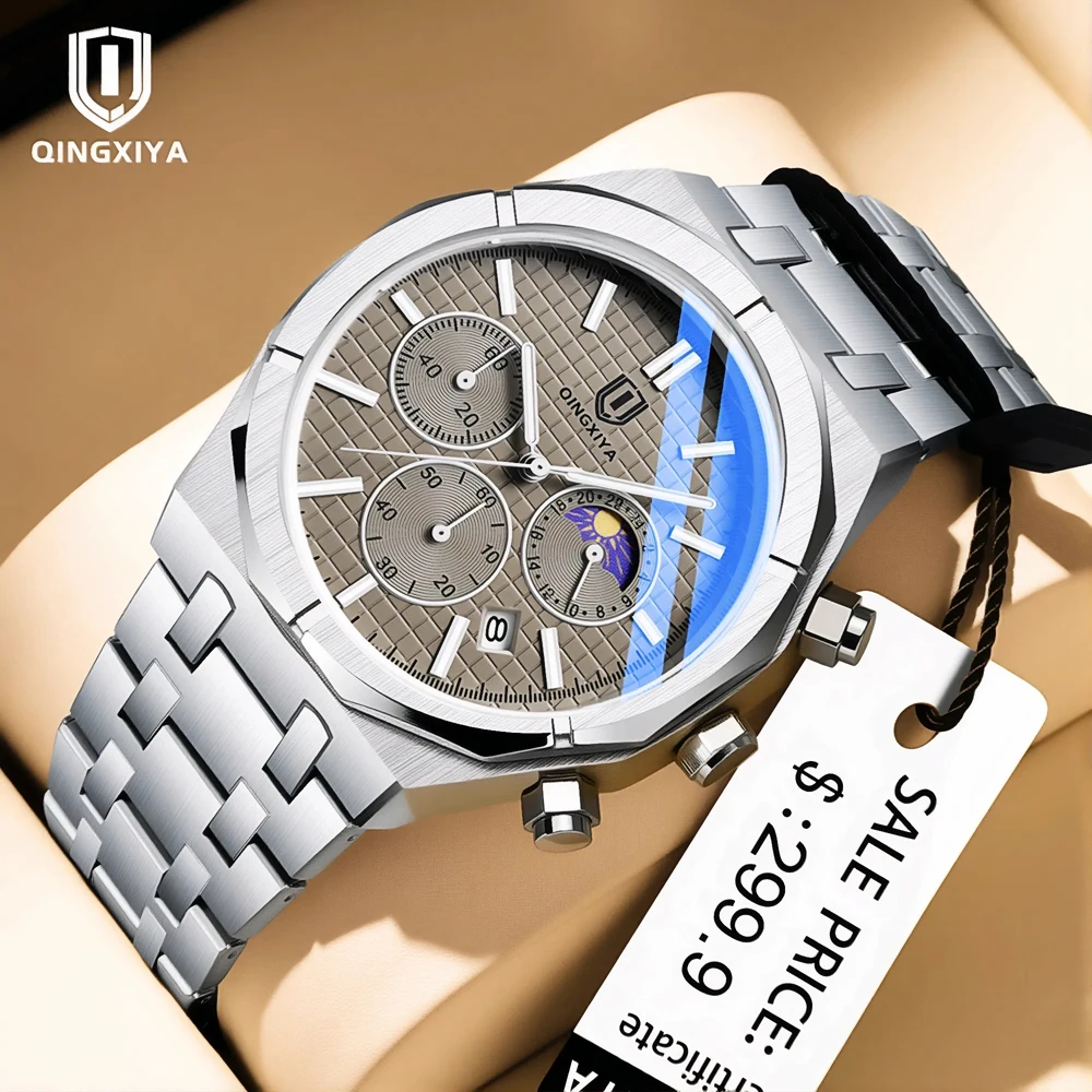 

QINGXIYA оригинальные роскошные мужские часы с хронографом и датой, кварцевые часы из нержавеющей стали, водонепроницаемые светящиеся модные мужские наручные часы